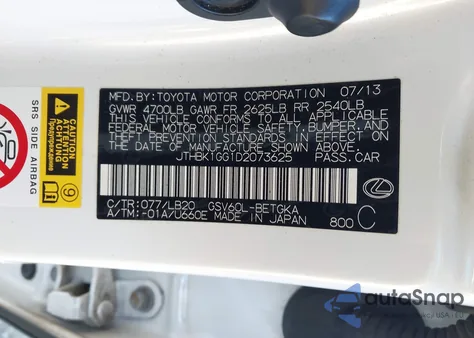 2013 Lexus Es 350 из США, поврежденный, VIN JTHBK1GG1D2073625